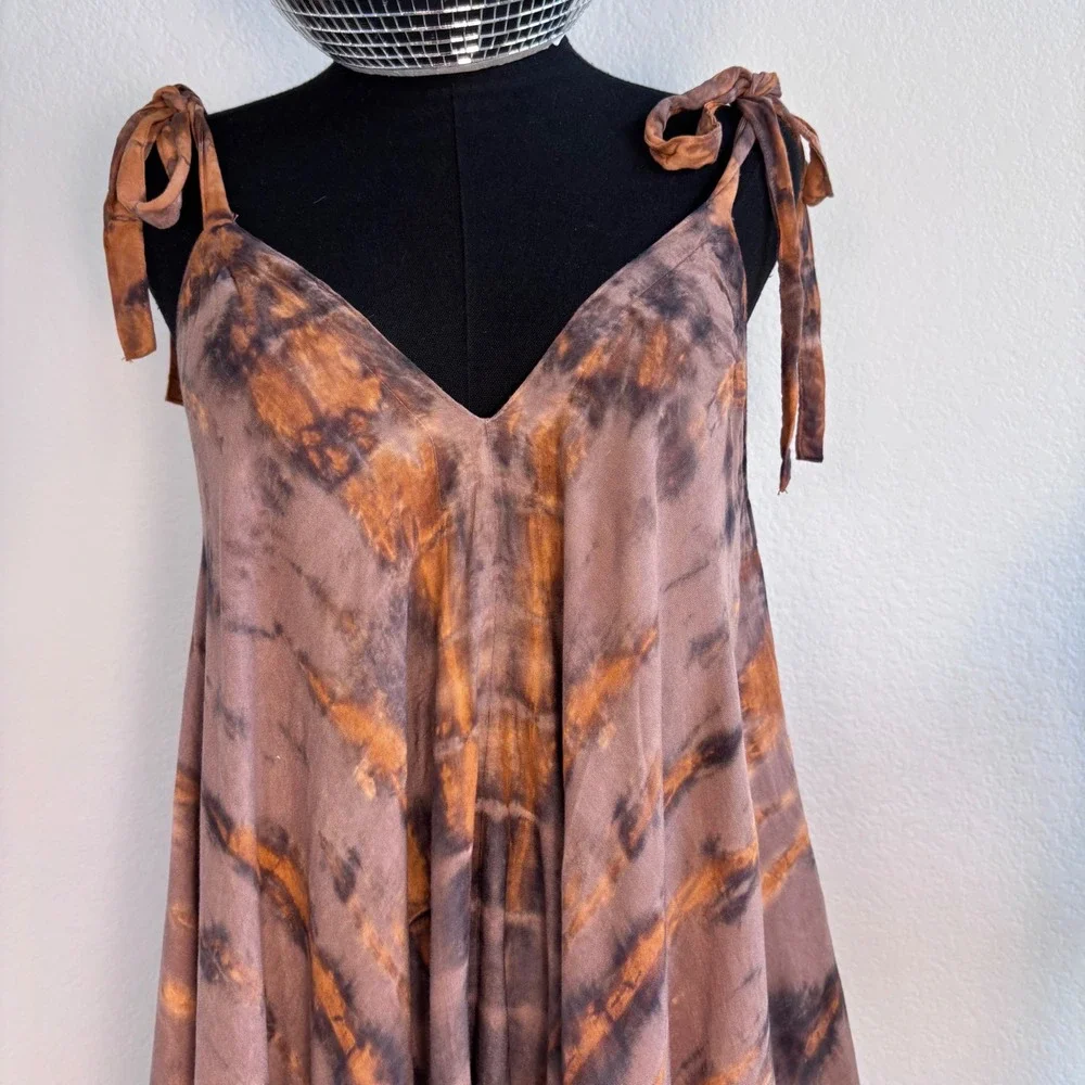 Chantique Hawaii Tie Dye Harem Jumpsuit Brown Rust Rayon One Size Boho Pockets - Picture 10 of 16
